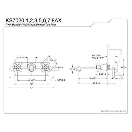  Kingston Brass KS7021AX English Country 8-Inch Center Wall Mount Roman Tub Filler, 10-7/16, Polished Chrome