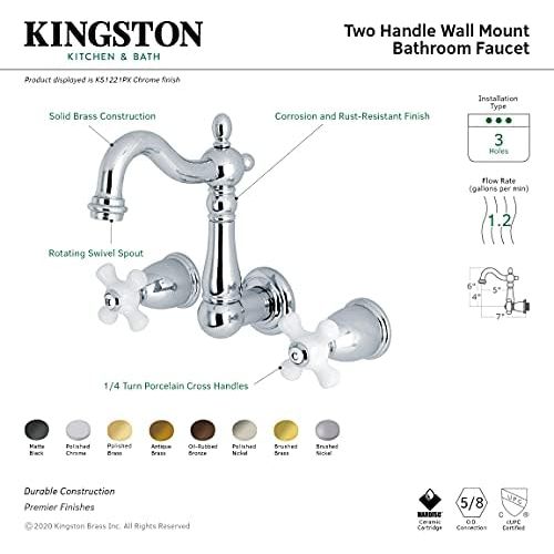  Kingston Brass KS1220PX Heritage 8 Center Wall Mount Vessel Sink Faucet, 4-3/4 in Spout Reach, Matte Black