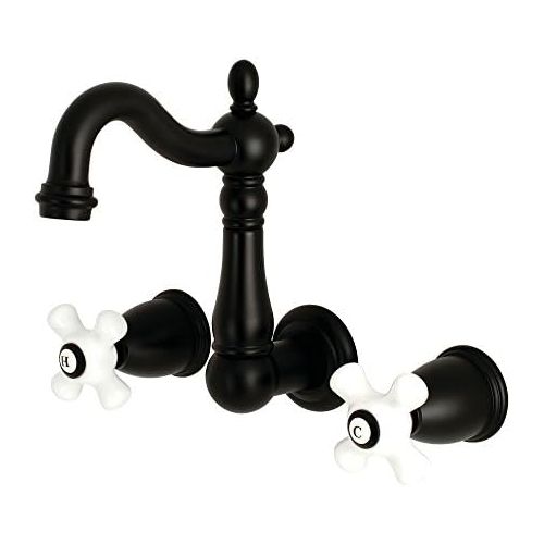  Kingston Brass KS1220PX Heritage 8 Center Wall Mount Vessel Sink Faucet, 4-3/4 in Spout Reach, Matte Black