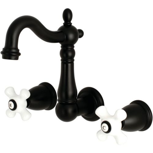  Kingston Brass KS1220PX Heritage 8 Center Wall Mount Vessel Sink Faucet, 4-3/4 in Spout Reach, Matte Black