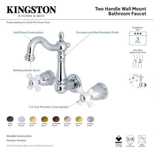  Kingston Brass KS1220PX Heritage 8 Center Wall Mount Vessel Sink Faucet, 4-3/4 in Spout Reach, Matte Black