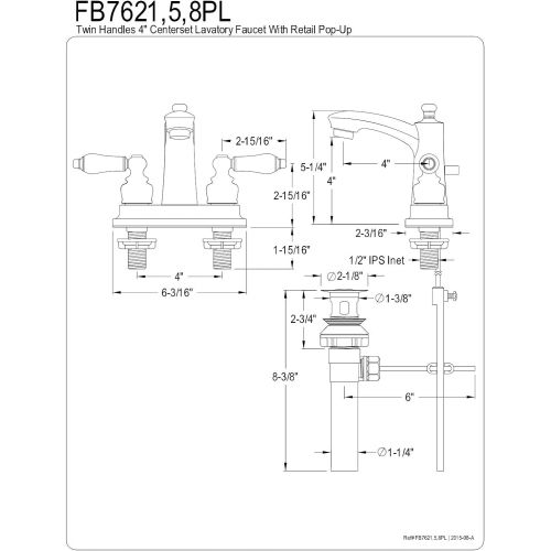  Kingston Brass FB7628PL Victorian 4 Centerset Lavatory Faucet with Retail Pop-Up, 4 in Spout Reach, Brushed Nickel