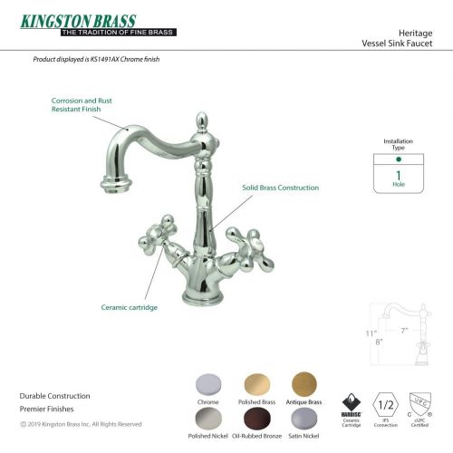  Kingston Brass KS1495AX Heritage Vessel Sink Faucet without Pop-Up Rod with 4 Plate, 6-1/2, Brass/Antique Brass