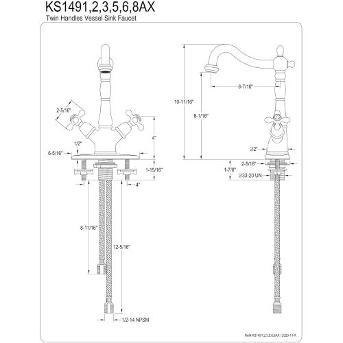  Kingston Brass KS1495AX Heritage Vessel Sink Faucet without Pop-Up Rod with 4 Plate, 6-1/2, Brass/Antique Brass