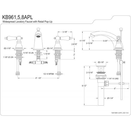  Kingston Brass KB961APL American Patriot 8-Inch Widespread Lavatory Faucet with Retail Pop-Up, 5-3/4, Polished Chrome