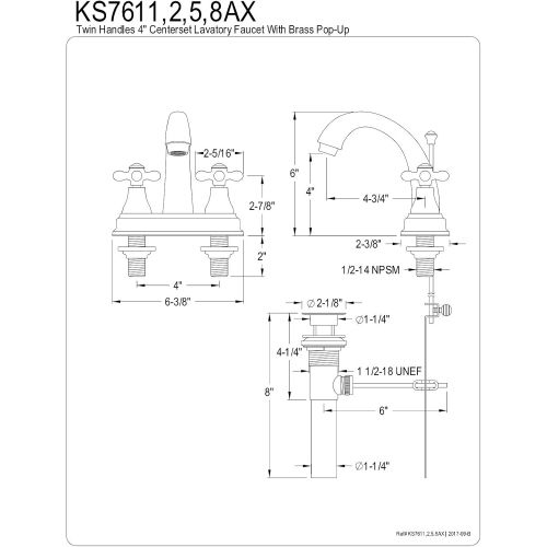  Kingston Brass KS7615AX English Vintage Centerset Lavatory Faucet with Brass Pop-Up, 4, Oil Rubbed Bronze