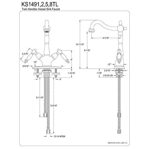  Kingston Brass KS1498TL Heritage Vessel Sink Faucet without Pop-up Rod with 4-Inch Plate, Brushed Nickel