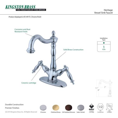  Kingston Brass KS1498TL Heritage Vessel Sink Faucet without Pop-up Rod with 4-Inch Plate, Brushed Nickel