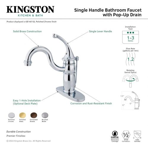  Kingston Brass KB1402GL Georgian 4-Inch Centerset Lavatory Faucet with Pop-Up, Polished Brass