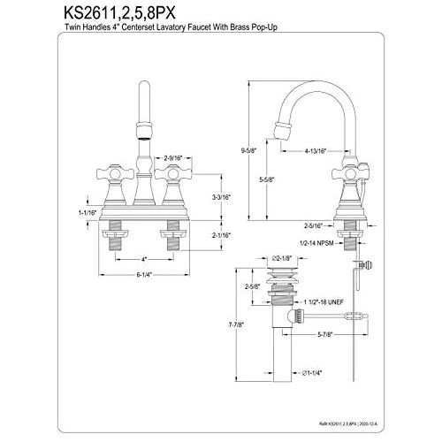  Kingston Brass KS2611PX Governor 4-Inch Centerset Lavatory Faucet with Brass Pop-Up and Porcelain Cross Handle, Polished Chrome