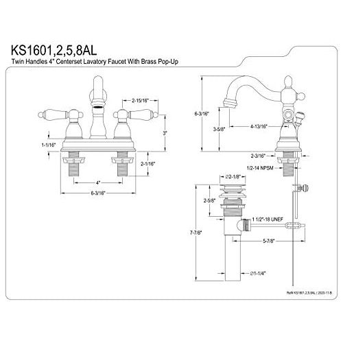  Kingston Brass KS1601AL Heritage Centerset Lavatory Faucet with Brass Pop-Up, Polished Chrome