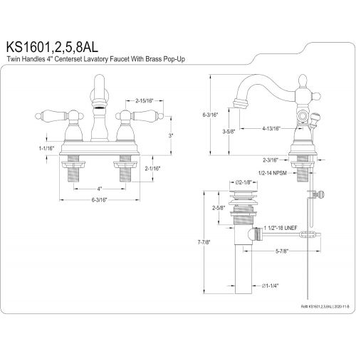  Kingston Brass KS1601AL Heritage Centerset Lavatory Faucet with Brass Pop-Up, Polished Chrome