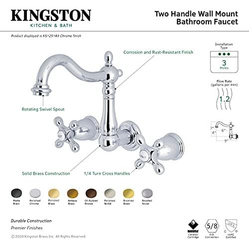  Kingston Brass KS1251AX Heritage 8 Center Wall Mount Vessel Sink Faucet, 6-3/8 in Spout Reach, Polished Chrome