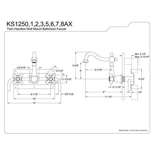  Kingston Brass KS1251AX Heritage 8 Center Wall Mount Vessel Sink Faucet, 6-3/8 in Spout Reach, Polished Chrome