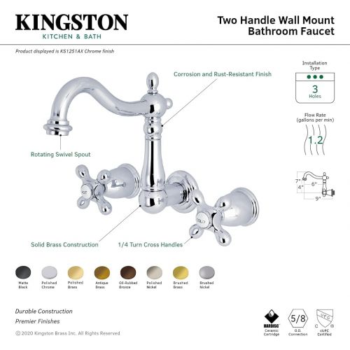  Kingston Brass KS1251AX Heritage 8 Center Wall Mount Vessel Sink Faucet, 6-3/8 in Spout Reach, Polished Chrome