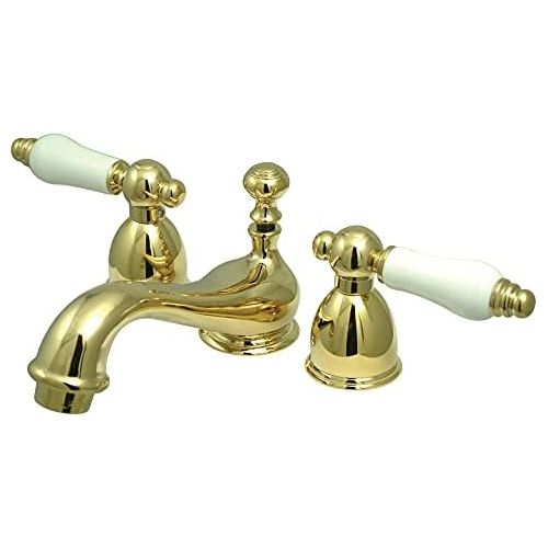  Kingston Brass KS3952PL Restoration Mini Widespread Lavatory Faucet with Porcelain Lever Handle, Polished Brass,4-Inch Adjustable Center