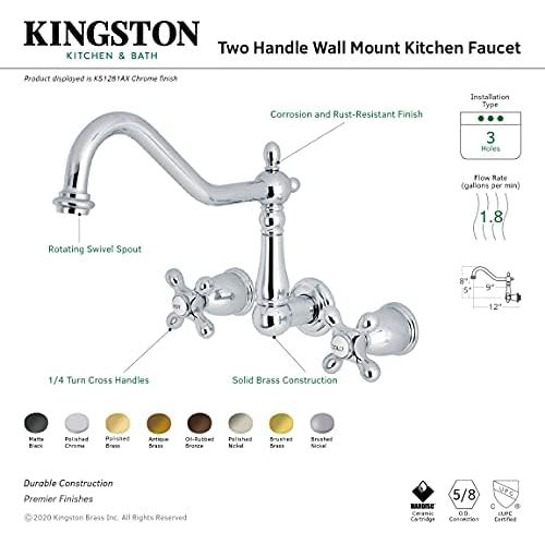  Kingston Brass KS1286AX Heritage 8 Center Wall Mount Vessel Sink Faucet, 9-3/16 in Spout Reach, Polished Nickel