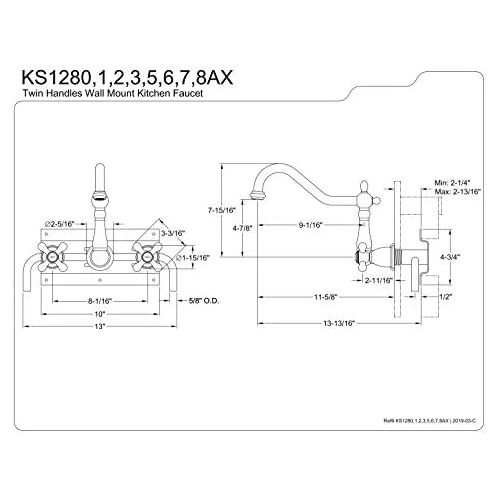  Kingston Brass KS1286AX Heritage 8 Center Wall Mount Vessel Sink Faucet, 9-3/16 in Spout Reach, Polished Nickel