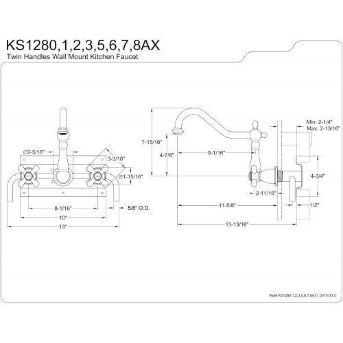  Kingston Brass KS1286AX Heritage 8 Center Wall Mount Vessel Sink Faucet, 9-3/16 in Spout Reach, Polished Nickel