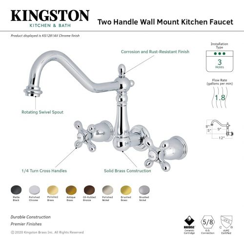  Kingston Brass KS1286AX Heritage 8 Center Wall Mount Vessel Sink Faucet, 9-3/16 in Spout Reach, Polished Nickel