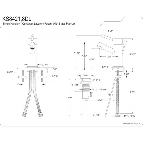  Kingston Brass KS8428DL Concord 4-Inch Lavatory Faucet With Brass Pop-Up and Plate, 4 Spout Reach, Brushed Nickel