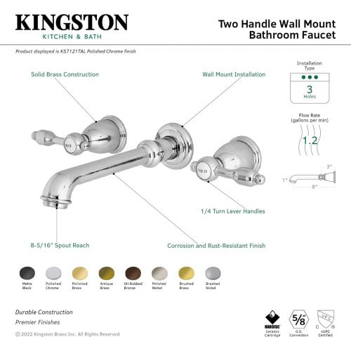  Kingston Brass KS7125TAL Tudor Wall Mount Vessel Sink Faucet, 10-7/16 in Spout Reach, Oil Rubbed Bronze