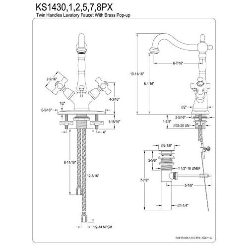  Kingston Brass KS1431PX Heritage Deck Mount with 4-Inch Deck Plate Lavatory Faucet with Porcelain Cross Handle and Brass Pop-Up, 6-1/2-Inch, Polished Chrome