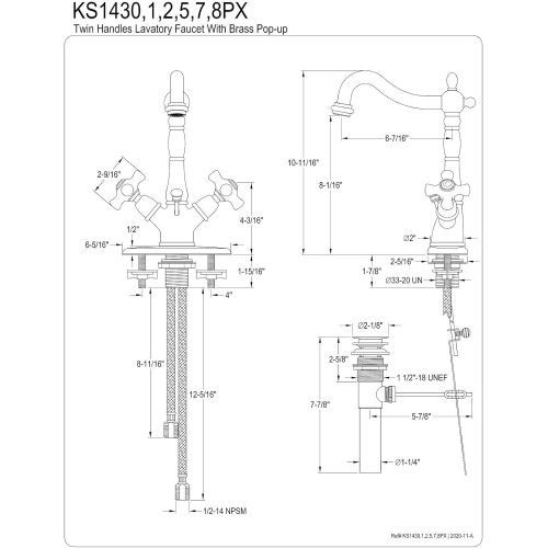  Kingston Brass KS1431PX Heritage Deck Mount with 4-Inch Deck Plate Lavatory Faucet with Porcelain Cross Handle and Brass Pop-Up, 6-1/2-Inch, Polished Chrome