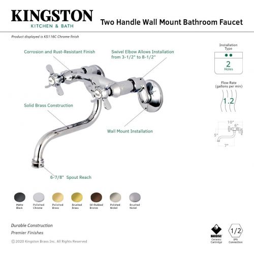  Kingston Brass KS116SB Adjustable Center Wall Mount Bathroom Faucet, Brushed Brass
