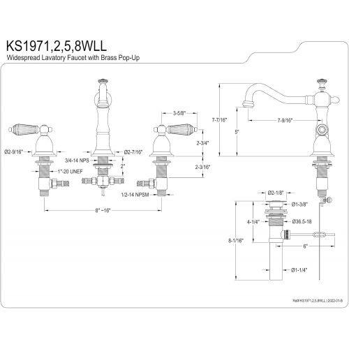  Kingston Brass KS1978WLL Widespread Lavatory Faucet with Brass Pop-Up, 7-1/2 in Spout Reach, Brushed Nickel