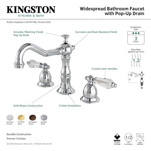  Kingston Brass KS1978WLL Widespread Lavatory Faucet with Brass Pop-Up, 7-1/2 in Spout Reach, Brushed Nickel