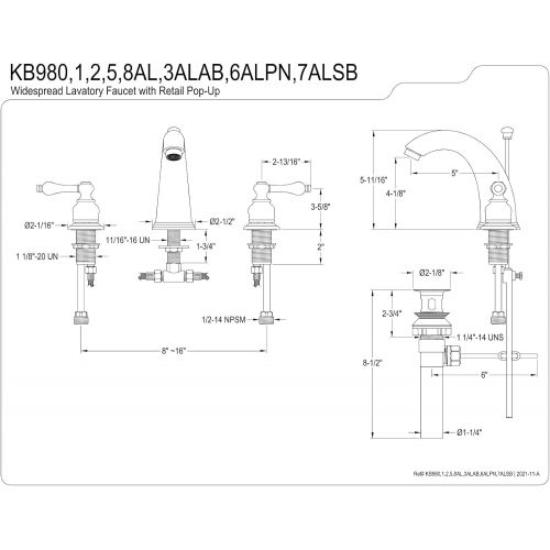  Kingston Brass KB983ALAB Victorian 2-Handle 8 in. Widespread Bathroom Faucet, Antique Brass