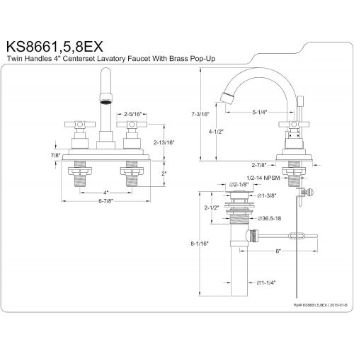  Kingston Brass KS8661EX Elinvar Twin Cross Handle Lavatory Faucet, 4-7/8-Inch