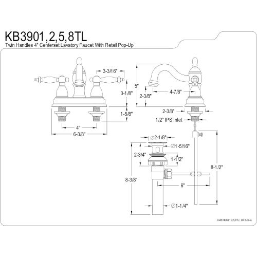  Kingston Brass KB3902TL Templeton 4-Inch Centerset Lavatory Faucet with ABS/Brass Pop-Up, Polished Brass