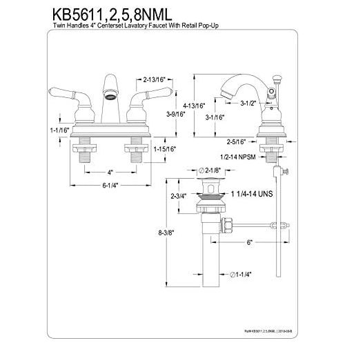  Kingston Brass KB5612NML Naples 4-Inch Centerset Lavatory Faucet, Polished Brass