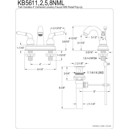  Kingston Brass KB5612NML Naples 4-Inch Centerset Lavatory Faucet, Polished Brass