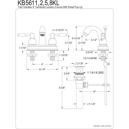  Kingston Brass KB5615KL Knight 4-Inch Centerset Lavatory Faucet, Oil Rubbed Bronze