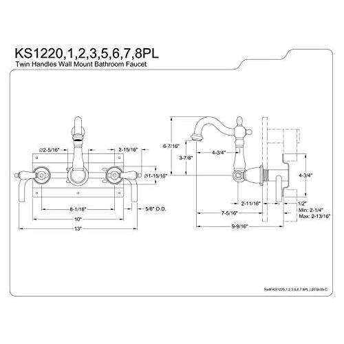  Kingston Brass KS1228PL Heritage 8 Center Wall Mount Vessel Sink Faucet, 4-3/4 in Spout Reach, Brushed Nickel