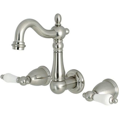  Kingston Brass KS1228PL Heritage 8 Center Wall Mount Vessel Sink Faucet, 4-3/4 in Spout Reach, Brushed Nickel