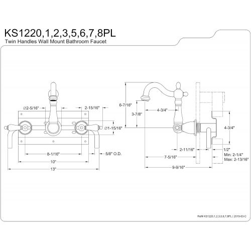  Kingston Brass KS1228PL Heritage 8 Center Wall Mount Vessel Sink Faucet, 4-3/4 in Spout Reach, Brushed Nickel