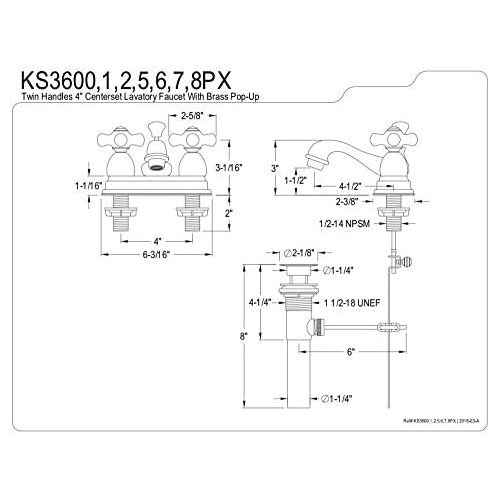  Kingston Brass KS3607PX 4 in. Center Bathroom Faucet, Brushed Brass