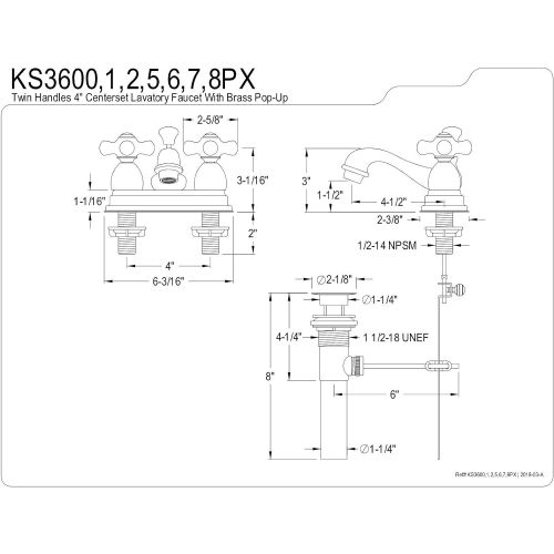  Kingston Brass KS3607PX 4 in. Center Bathroom Faucet, Brushed Brass