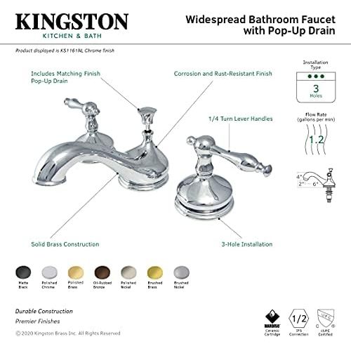  Kingston Brass KS1160NL Heritage 8 Widespread Lavatory Faucet, Matte Black