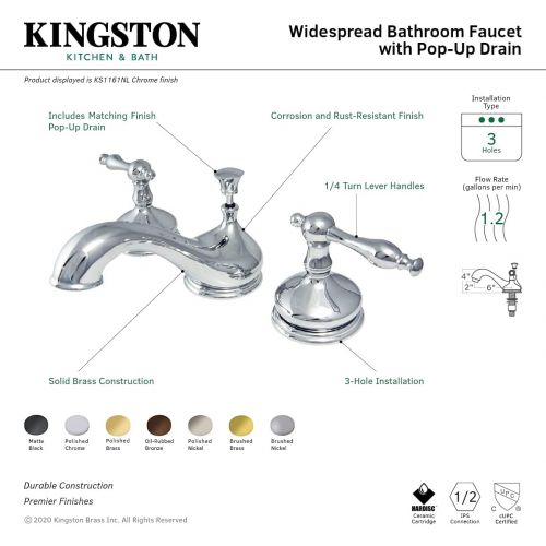  Kingston Brass KS1160NL Heritage 8 Widespread Lavatory Faucet, Matte Black