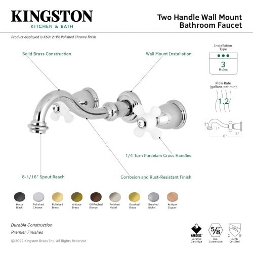  Kingston Brass KS3122PX Vintage 8-Inch Center Wall Mount Vessel Sink Faucet, 10-7/16 Spout Reach, Polished Brass