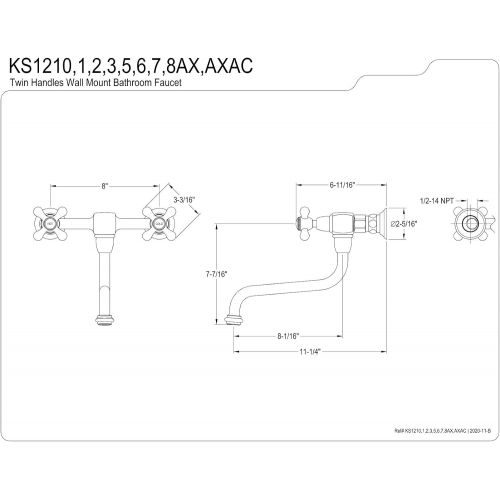  Kingston Brass KS1211AX Heritage Wall Mount Spread Vessel Sink Faucet 8-Inch Spout Long, Polished Chrome