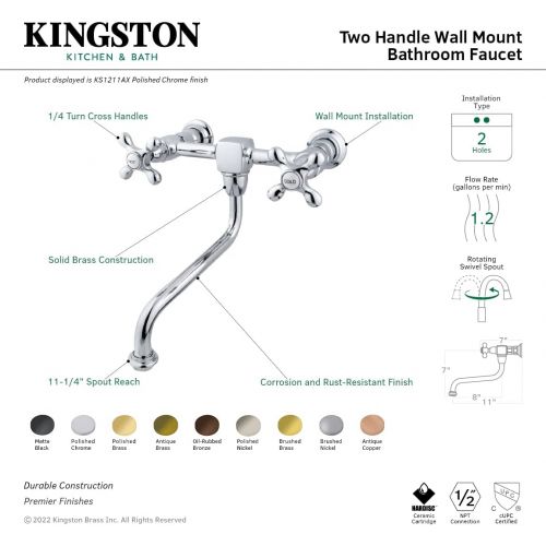  Kingston Brass KS1211AX Heritage Wall Mount Spread Vessel Sink Faucet 8-Inch Spout Long, Polished Chrome
