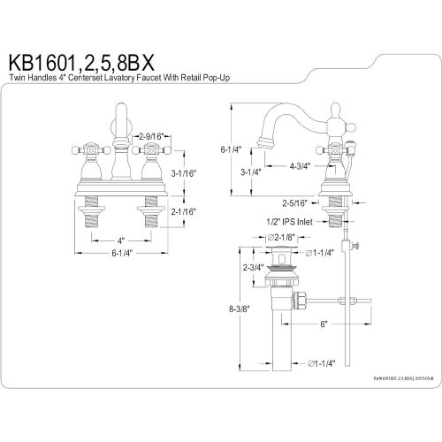  Kingston Brass KB1605BX Heritage 4-Inch Centerset Lavatory Faucet with Metal Cross Handle, Oil Rubbed Bronze