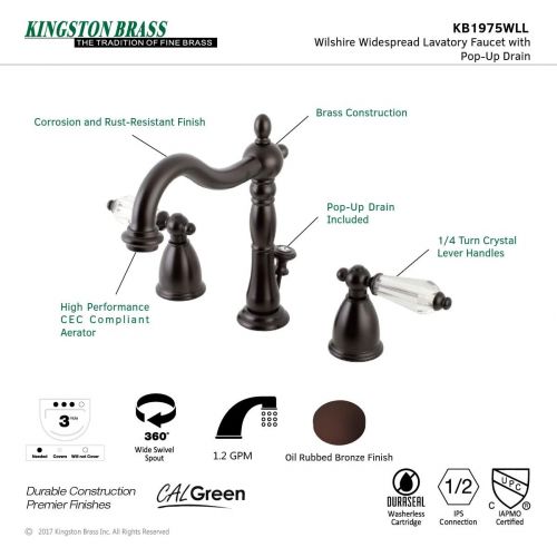  Kingston Brass KB1975WLL Widespread Lavatory Faucet with Retail Pop-Up, 6-1/2 in Spout Reach, Oil Rubbed Bronze