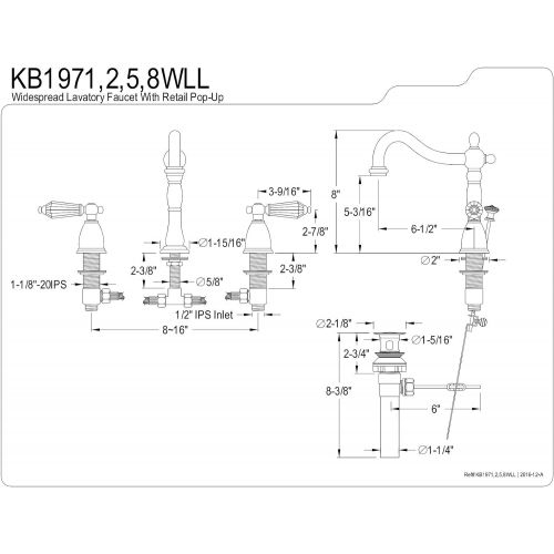  Kingston Brass KB1975WLL Widespread Lavatory Faucet with Retail Pop-Up, 6-1/2 in Spout Reach, Oil Rubbed Bronze